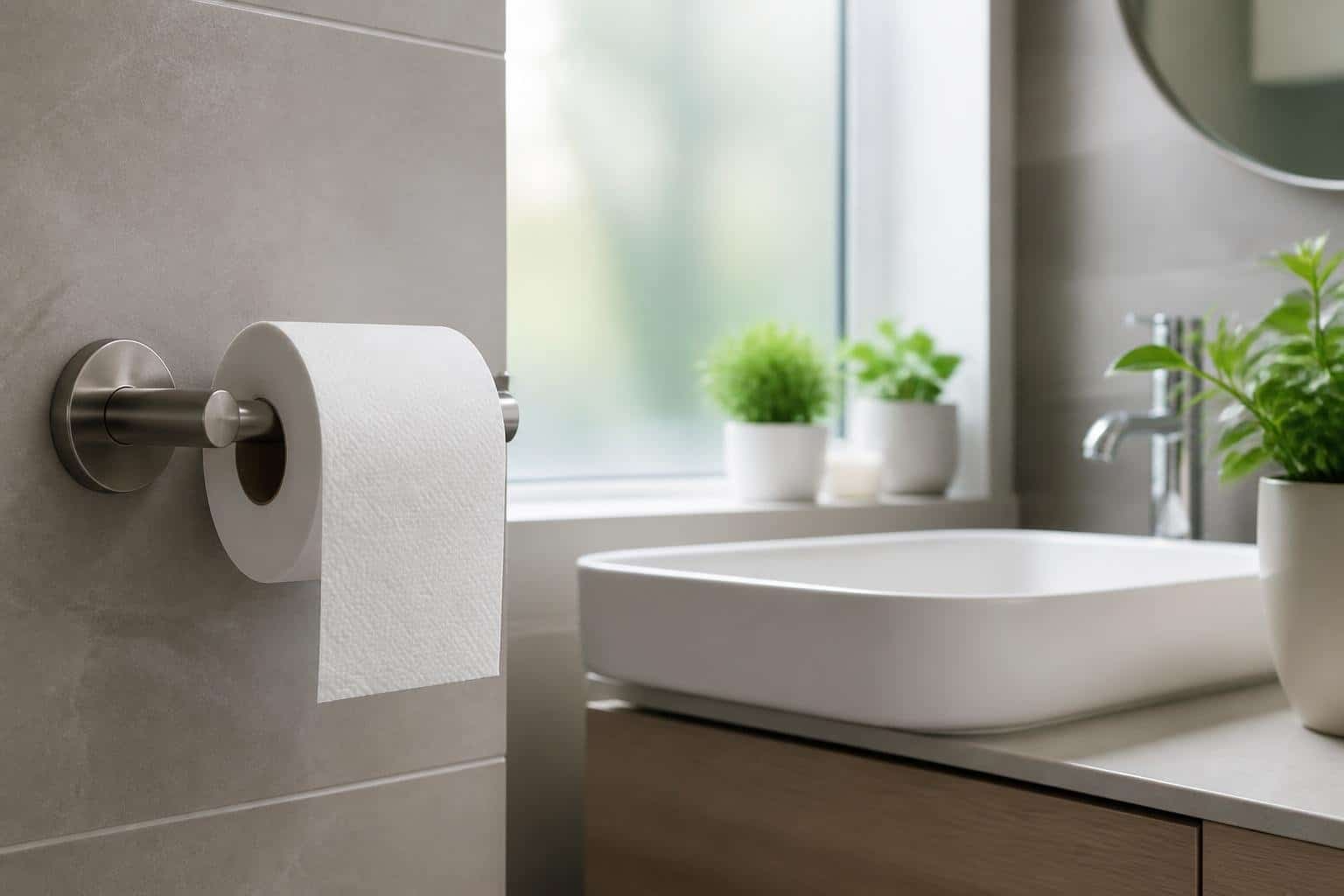 Rolo de papel higiênico em um banheiro limpo e iluminado, ao lado de uma pia moderna e plantas verdes.
