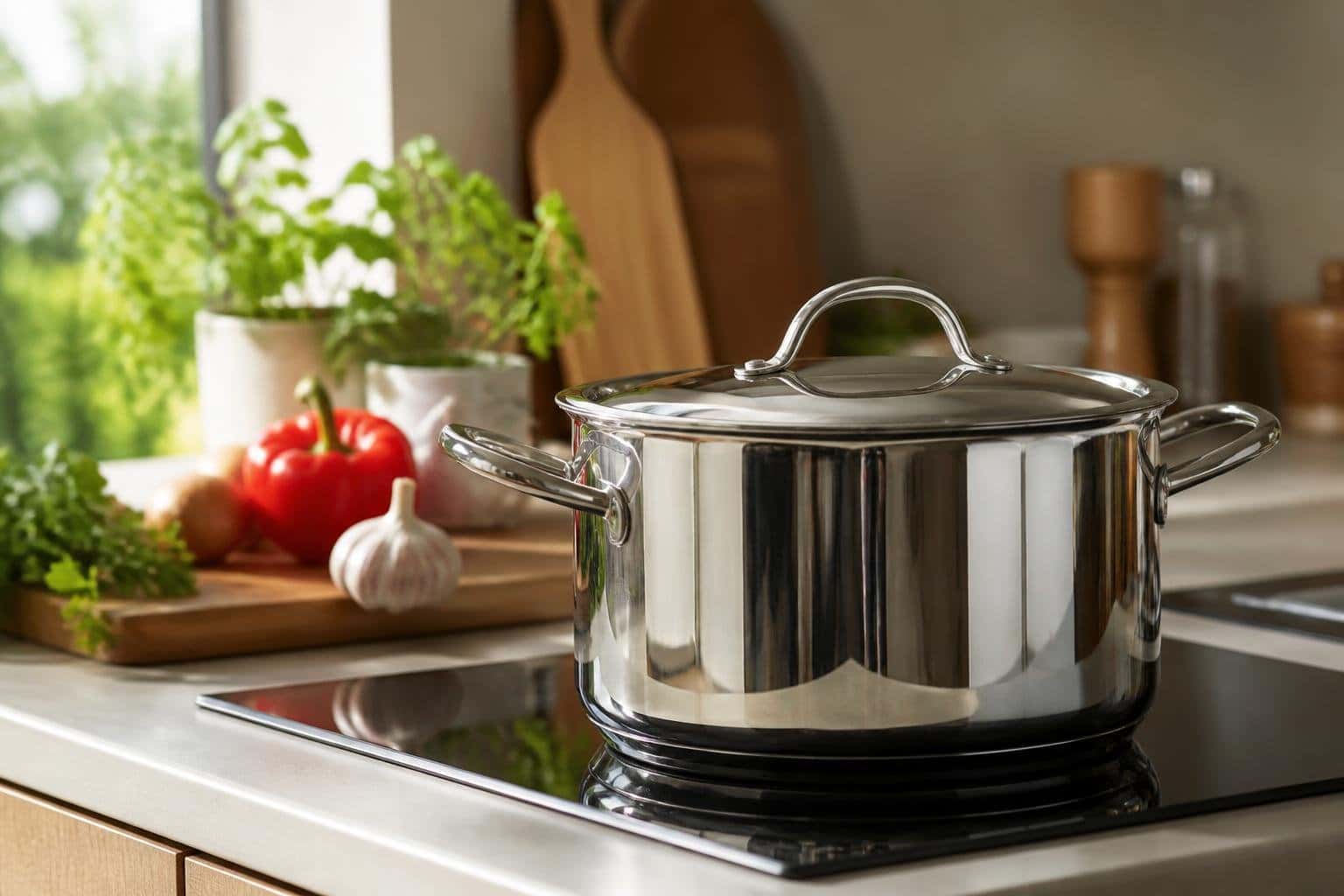 Uma panela brilhante em um fogão moderno em uma cozinha iluminada pela luz natural, com ervas frescas e vegetais ao fundo.