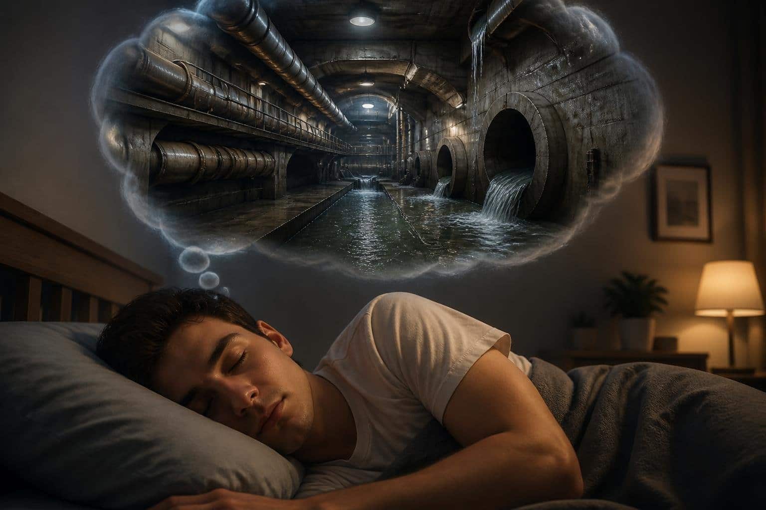 Pessoa dormindo tranquilamente com um balão de sonho mostrando um sistema de esgoto urbano detalhado acima da cabeça.