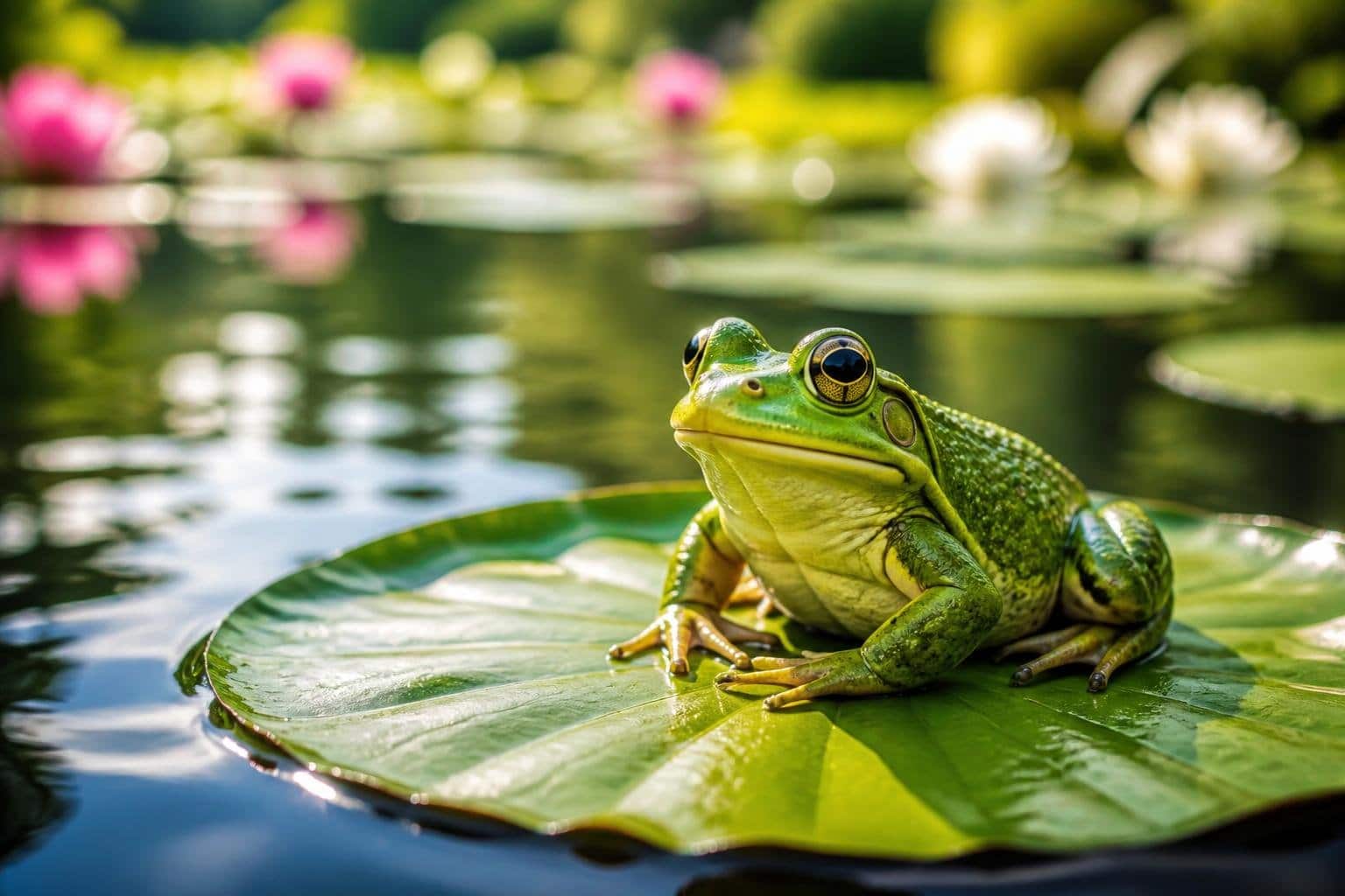 Um sapo verde sentado em uma folha de lírio em um lago tranquilo com vegetação ao redor.