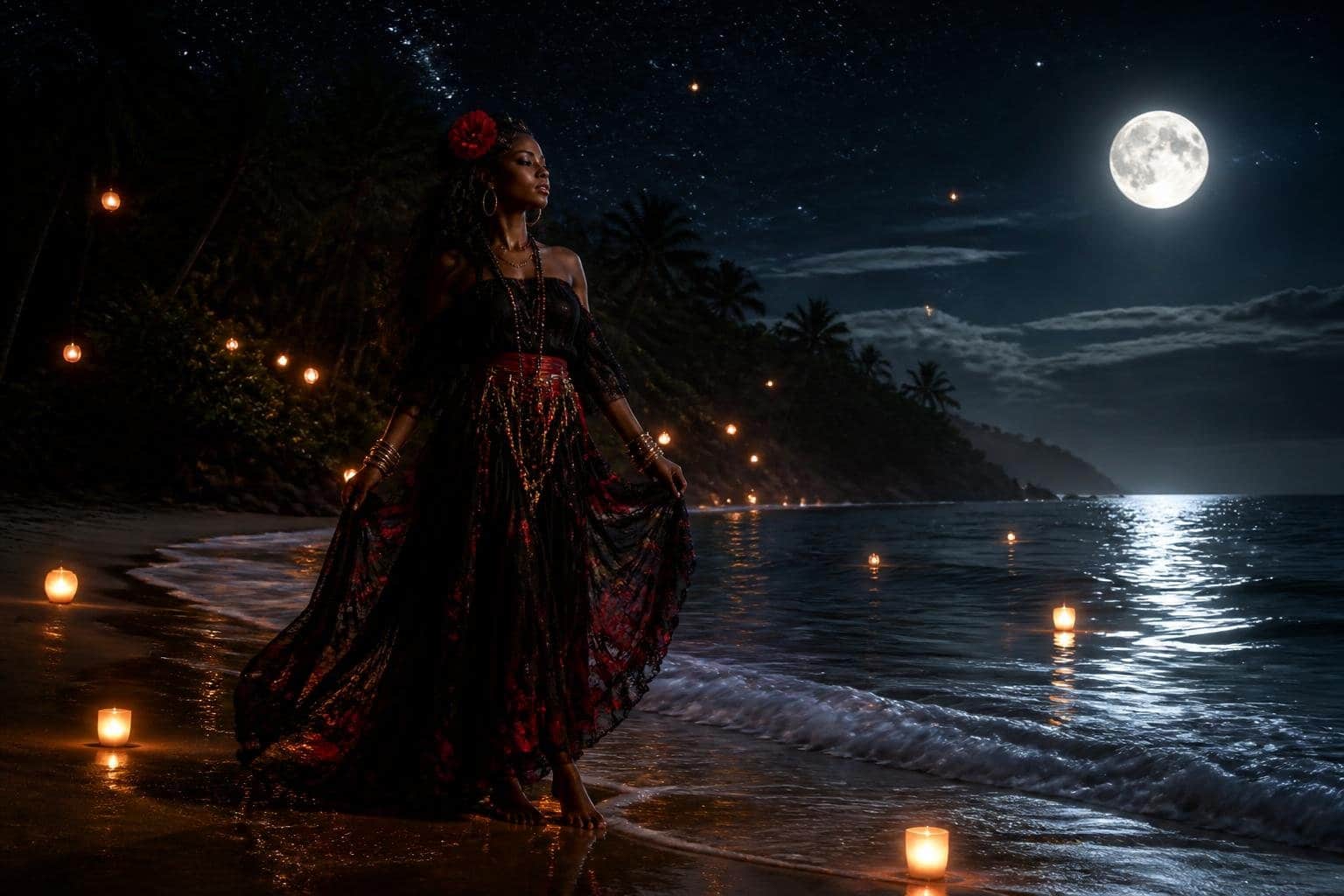 Figura feminina em roupas tradicionais afro-brasileiras em uma praia à noite, cercada por pequenas luzes flutuantes sob um céu estrelado e lua cheia.