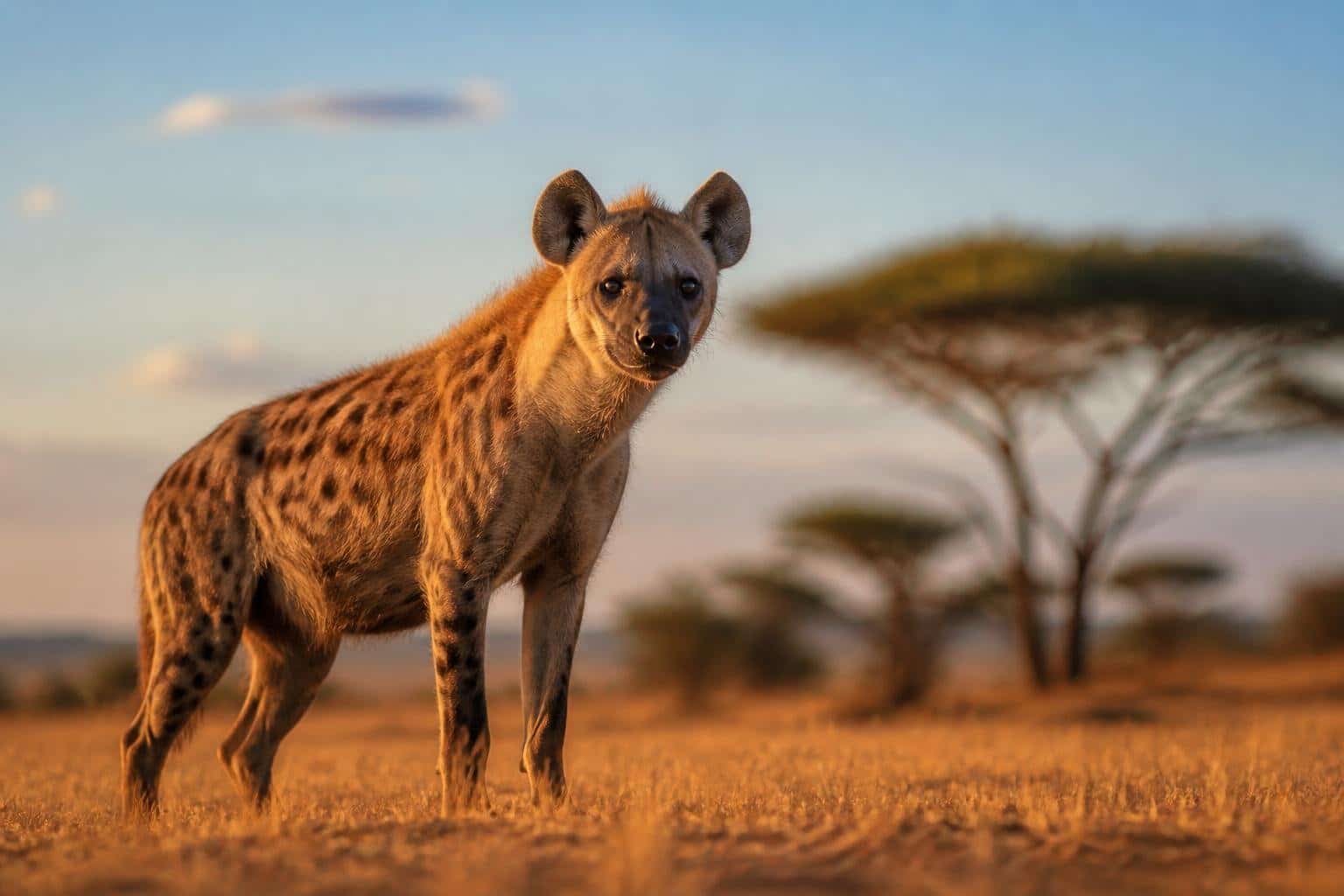 Uma hiena em pé na savana com grama seca e árvores ao fundo sob um céu azul.