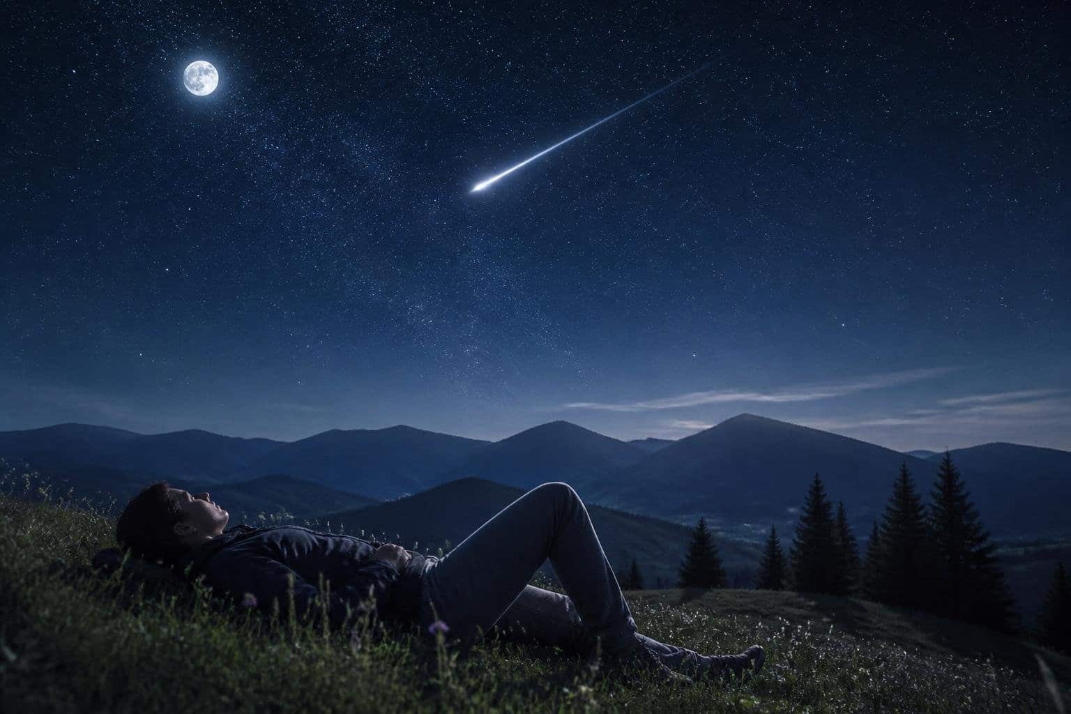 Pessoa deitada em uma colina olhando para um céu estrelado com um meteoro brilhante cruzando o céu à noite.