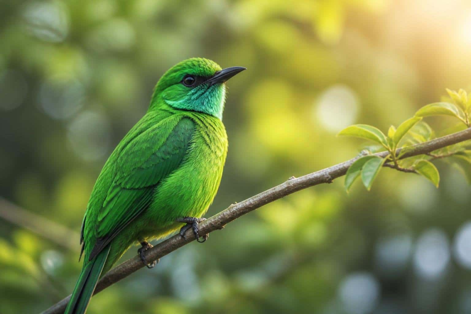 Um passarinho verde vibrante pousado em um galho fino com folhagem ao fundo.