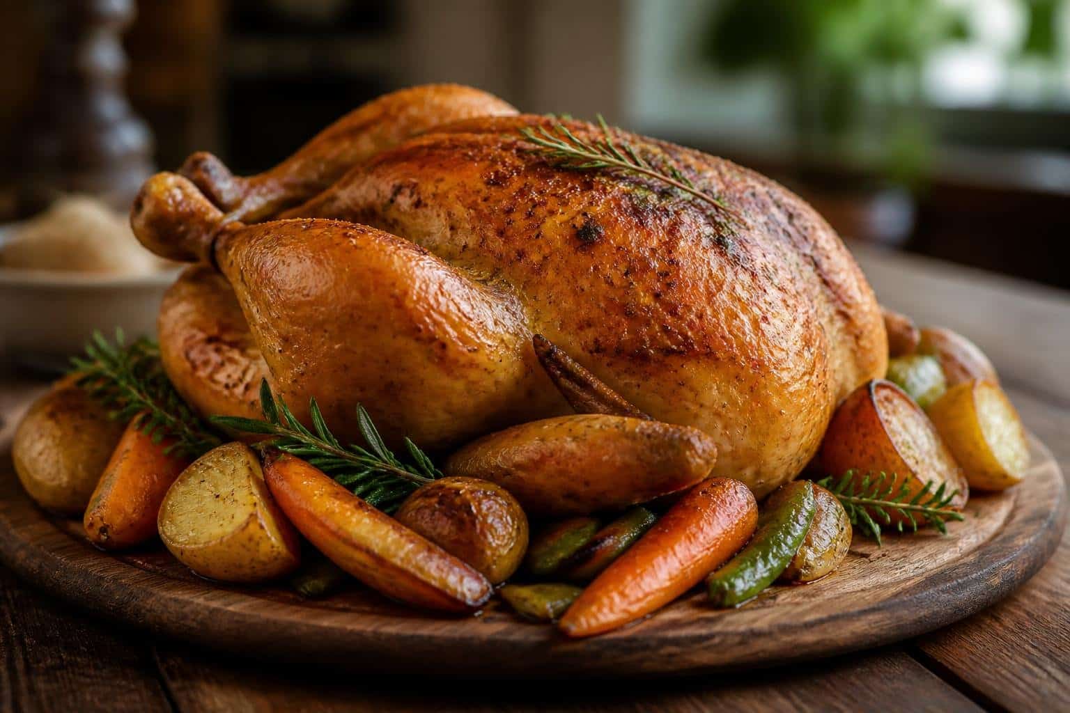 Um frango cozido inteiro dourado, servido com legumes variados em uma mesa de madeira.