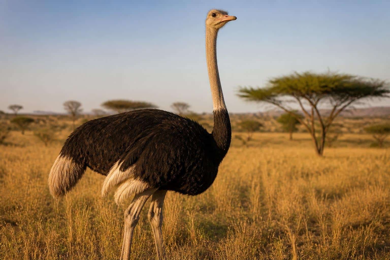 Um avestruz em pé em uma savana iluminada pelo sol, com gramíneas altas e árvores ao fundo.