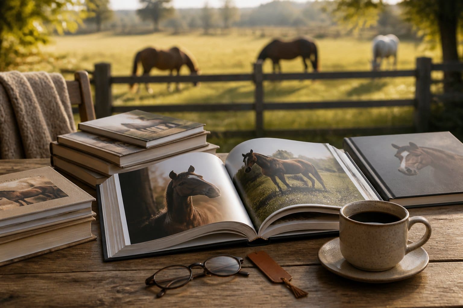 Livros sobre cavalos dispostos sobre uma mesa de madeira, com cavalos pastando ao fundo.