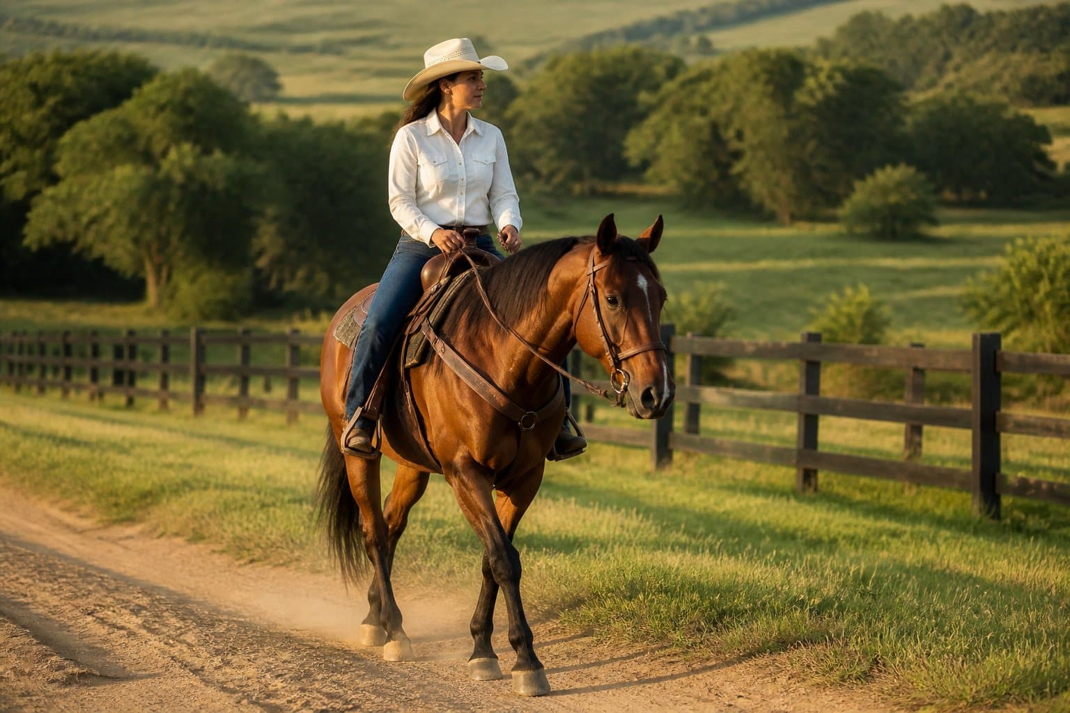 Pessoa montando a cavalo em uma trilha cercada por pastagem verde.