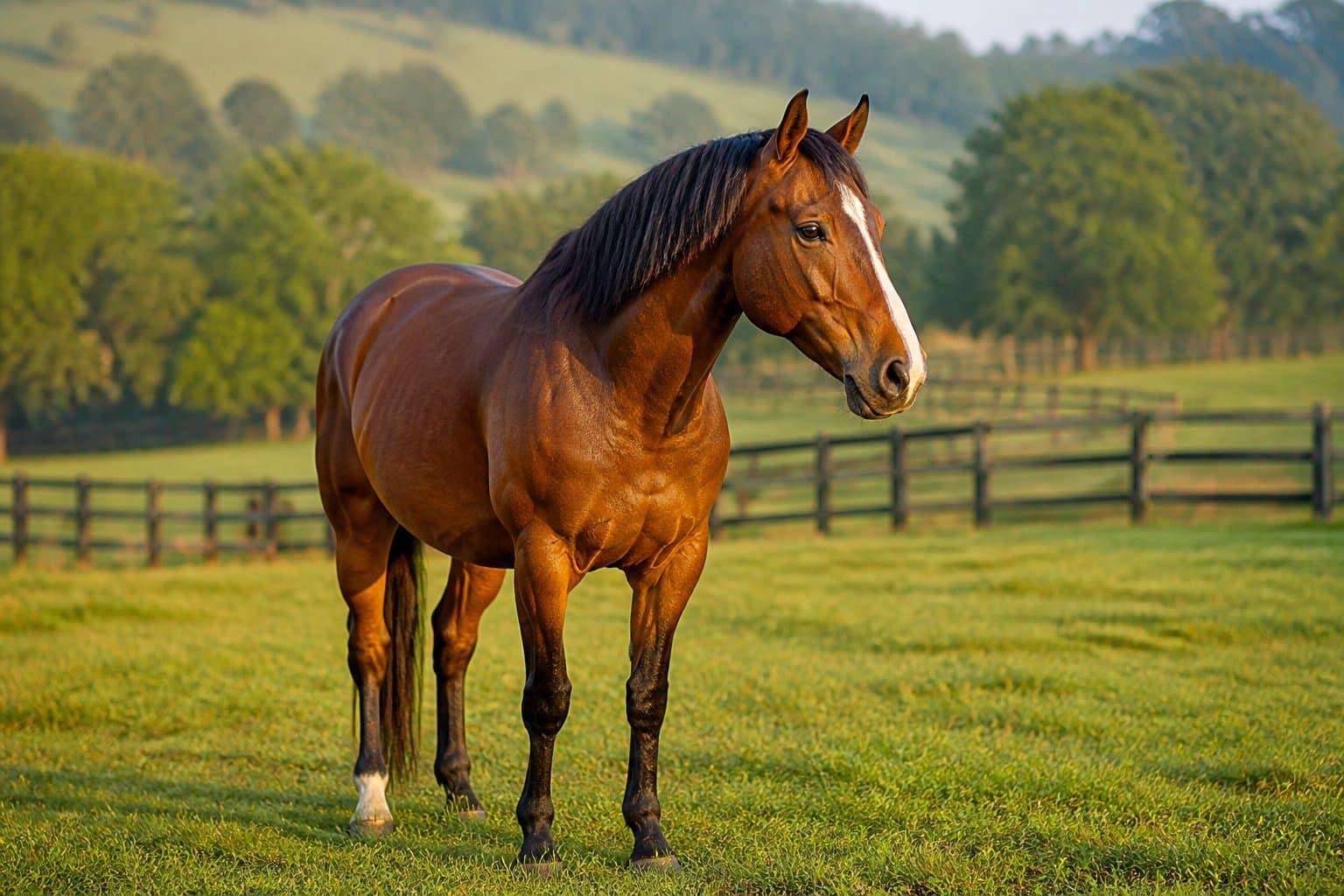 Cavalo adulto saudável em pé em um pasto verde, com árvores e colinas ao fundo.