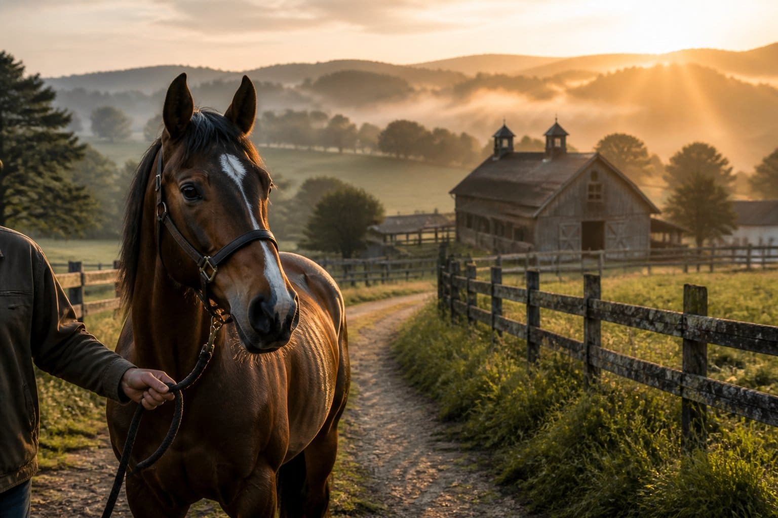 Cavalo acompanhado por uma pessoa em uma trilha diante de uma fazenda ao amanhecer.