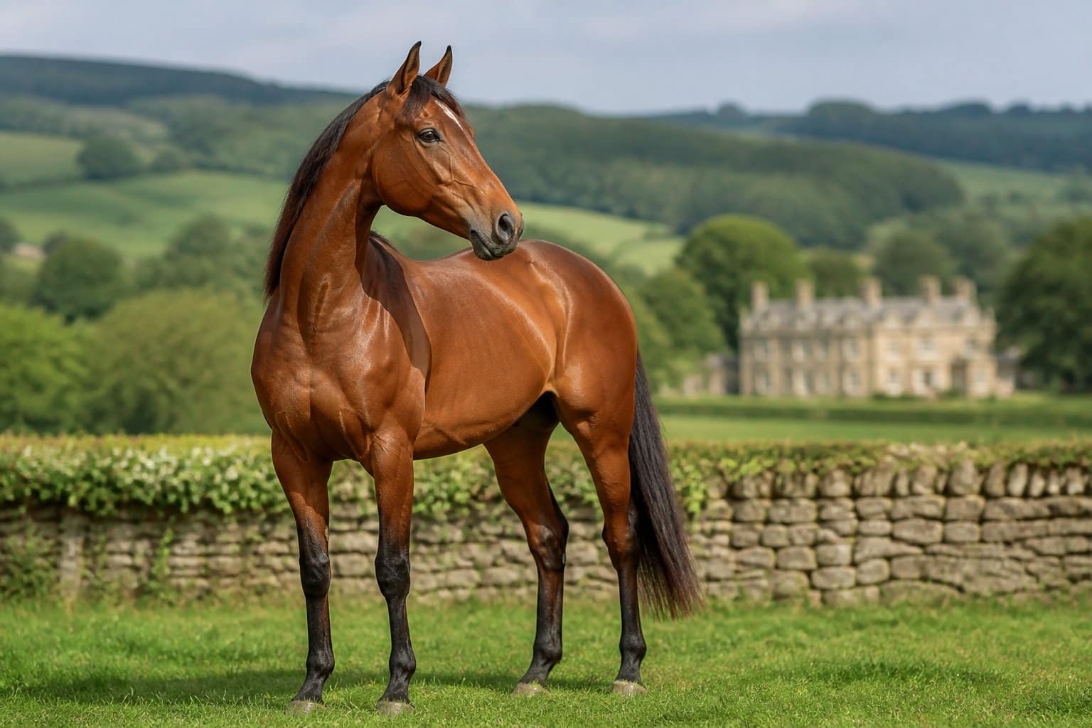 Cavalo inglês bem cuidado em um pasto verde no interior da Inglaterra.