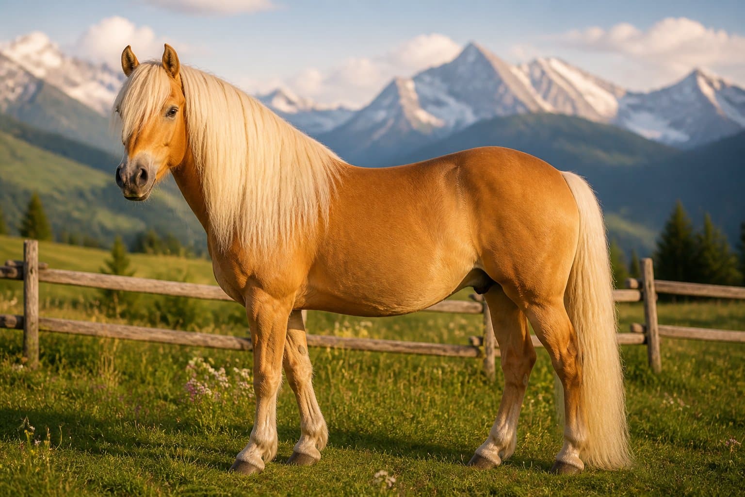 Cavalo Haflinger de pelagem dourada e crina clara em um prado alpino diante de montanhas.